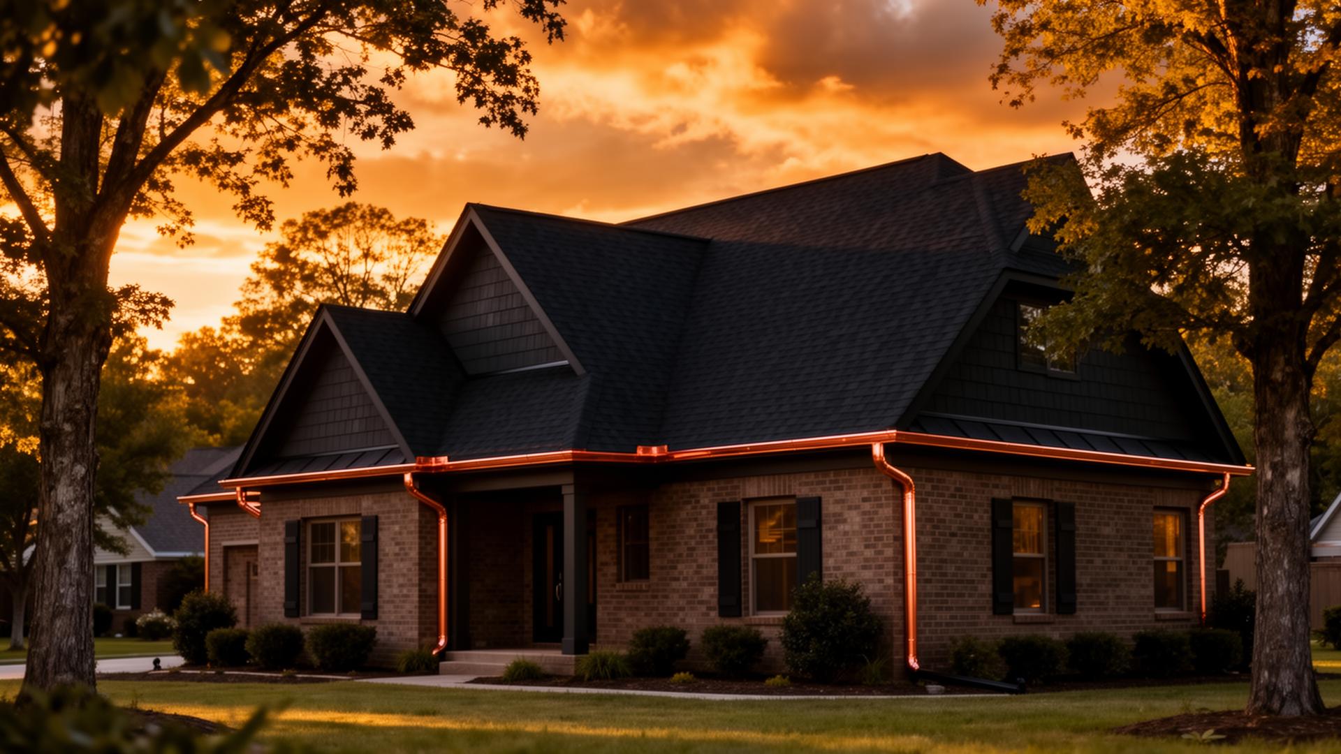 Beautiful Clarksville TN home with new roofing and copper gutters at golden hour